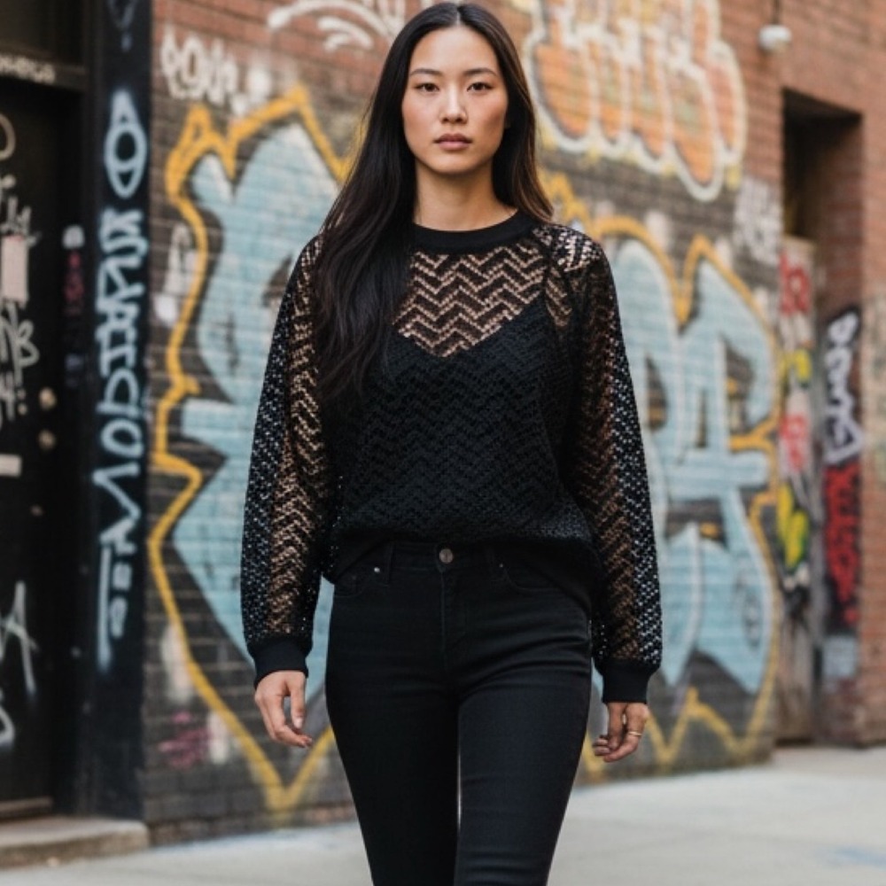 Ruby Ribbon Womens XS Black Openwork Lace Mesh Pullover Sheer Zigzag Top NWOT
